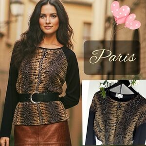 Paris🍂Vtg Velvet Brown-Black Animal Pattern Long Sleeves Top